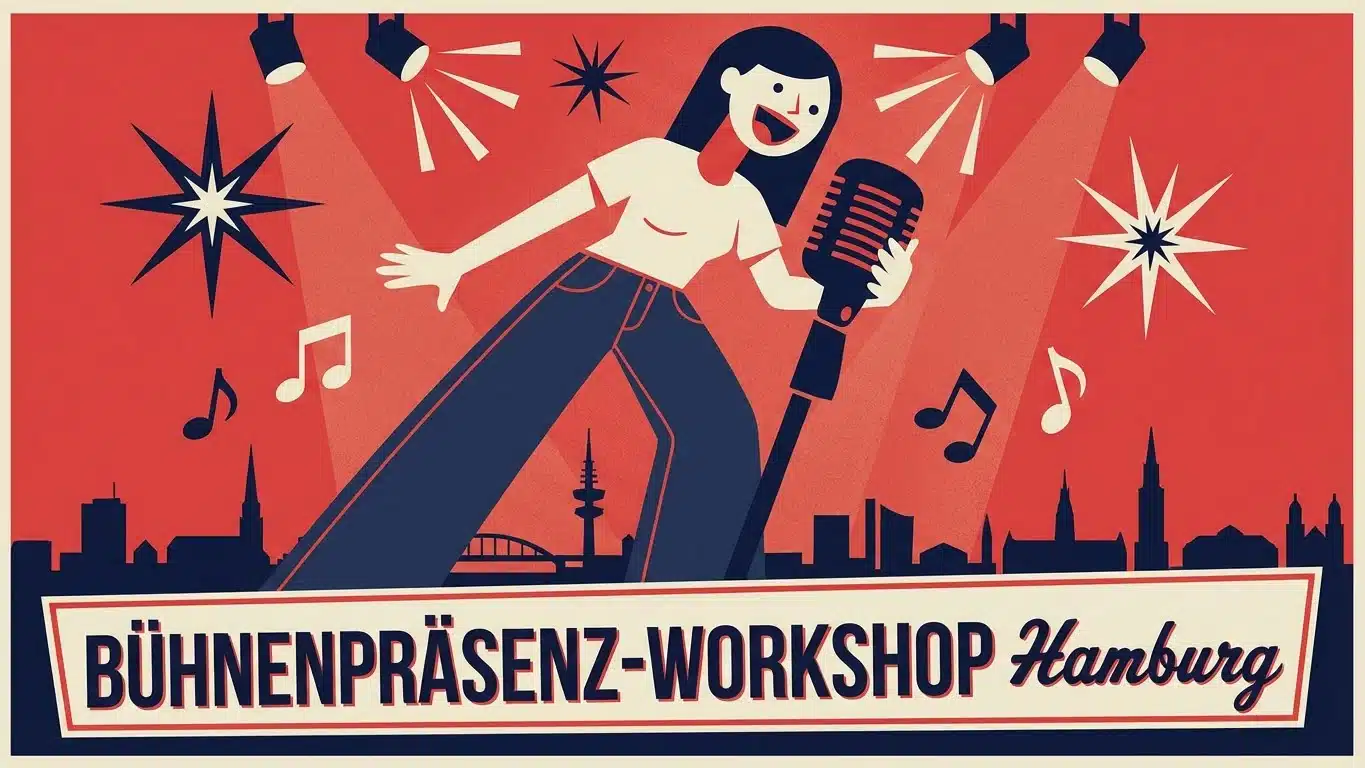 Illustration: Sängerin am Mikrofon im Scheinwerferlicht vor der Hamburger Skyline, Schriftzug Bühnenpräsenz-Workshop Hamburg