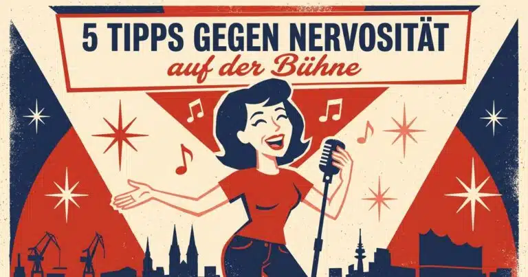Illustration: Sängerin auf der Bühne, Schriftzug 5 Tipps gegen Nervosität auf der Bühne
